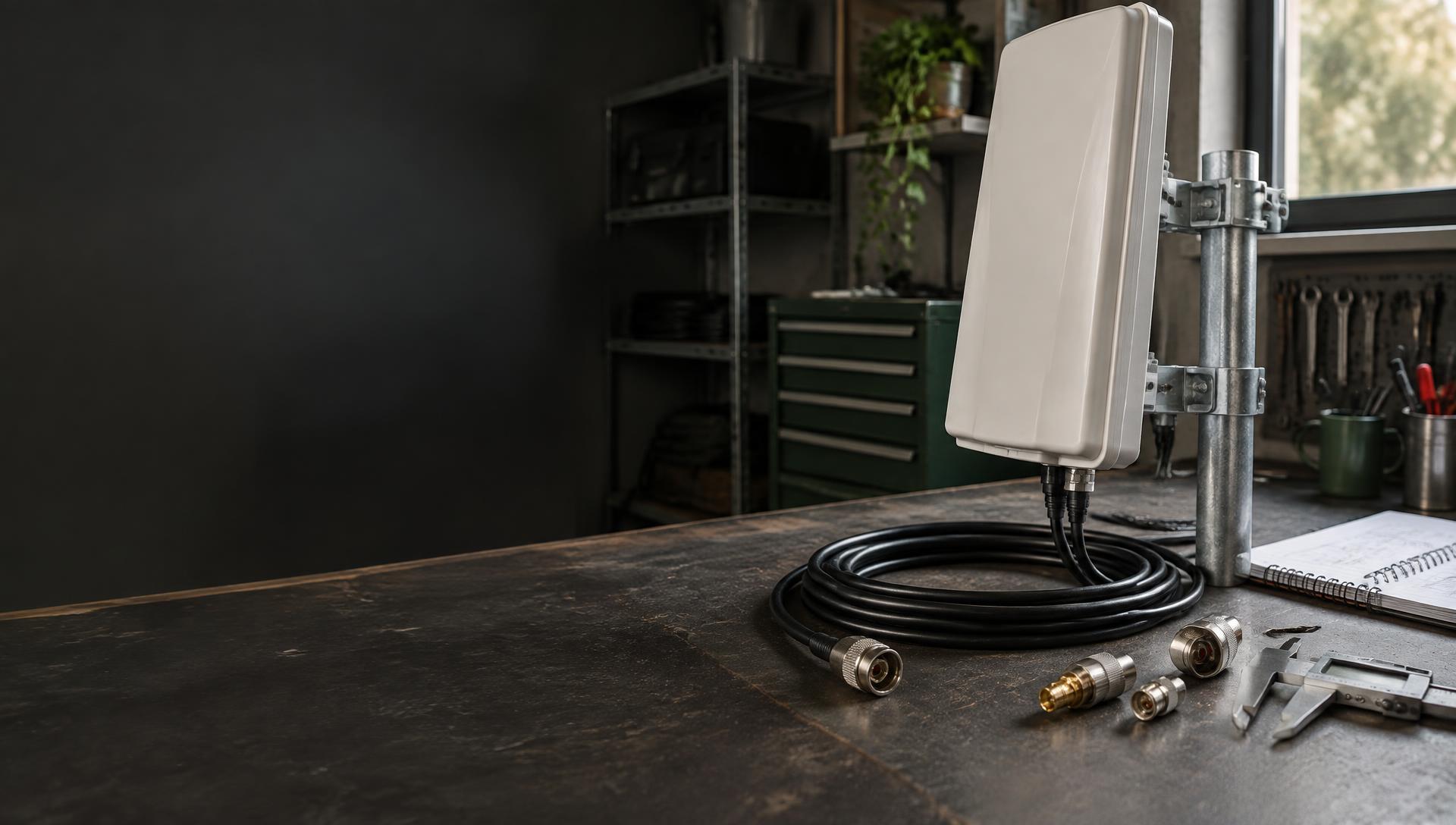 Detail van een 4G/5G coaxkabel bij zonsondergang
