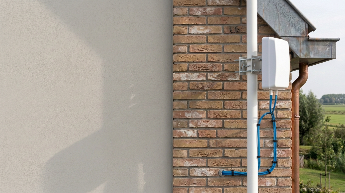 Witte 4G/5G buitenantenne gemonteerd aan de gevel van een woning